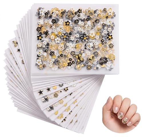 BDEPSTR 30 Feuilles Stickers Ongles Enfant et Femme, Autocollant Ongle Papillon Noir et Or, Nail Art Stickers Autoadhésifs Motifs Fleurs et Cœurs, Décoration de Manucure DIY pour Filles