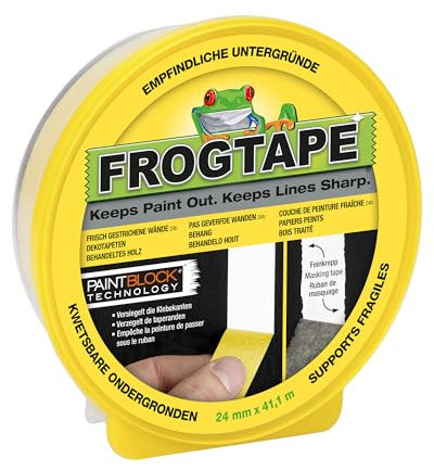 FrogTape Abklebeband Gelb 24 mm x 41 m - Malerkrepp mit Paint-Block Technologie - Kreppband für Glatte & Empfindliche Untergründe - für Saubere Kanten