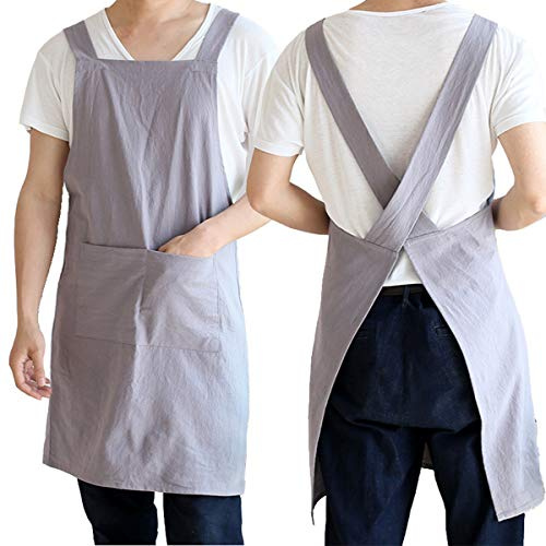 Coton Lin Tablier Dos Croisé Avec Poches Pour Homme Style Coréen Japonais Smock Pour La Cuisine Cuisson Cuisson Jardinage Peinture,Gris