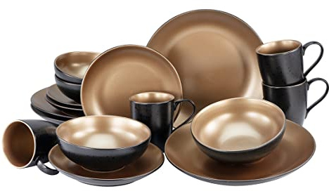 CreaTable, 23598, Serie GLAMOUR - Gold, 16-teiliges Geschirrset, Kombiservice aus Steinzeug, spülmaschinen- und mikrowellengeeignet, Qualitätsproduktion