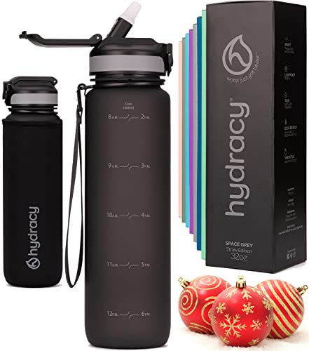 Hydracy Trinkflasche mit Strohhalm und Zeitmarkierung - 1L Wasserflasche - BPA-freie Trinkflasche - Auslaufsichere Sportflasche - Kondensationsfrei für Sport und Outdoor