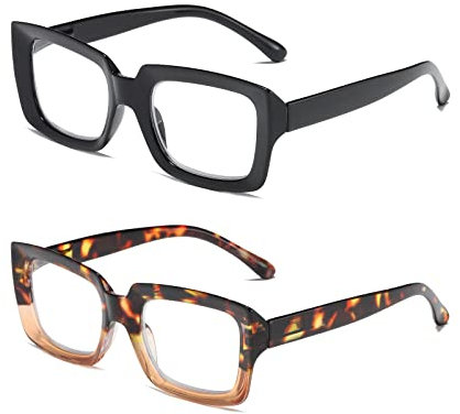 MMOWW 2-Pack Rechteckige Damen-Lesebrillen – übergroße Anti-Blaulicht-Brille Mit Quadratischem Rahmen (Schwarz + Schildpatt, +2.5)