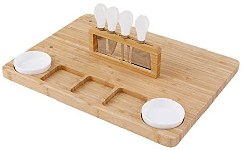 FIDDAA Juego de tabla de queso y cuchillos, juego de tabla de charcutería, plato de queso con 4 cuchillos, bandeja de tabla de queso de bambú