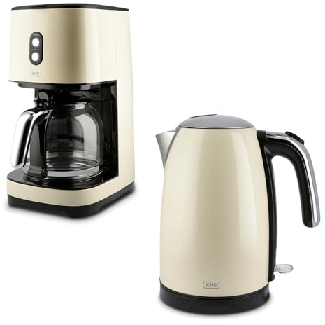 KHG Frühstücksset Wasserkocher & Kaffeemaschine Creme Retro Vintage, Kapazität 1,7 Liter & 12 Tassen Kaffee, 360° Sockel, Druckknopf-Öffnung, Kontrollleuchte, Tropfstopp, Warmhaltefunktion