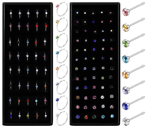 Dochais 60/100 stycken nässtavar rostfritt stål L form näspiercing plugg små ringar C formad silver spiral näsa kontakt med strass rak näsa piercing ringar för kvinnor män 20 g, Rostfritt stål
