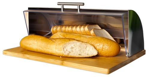 Avilia Panera de cocina moderna con tapa transparente, recipiente para el pan de acero y bambú 39 x 14,5 x 28,5 cm – Elegante y duradero, ideal para conservar el pan fresco