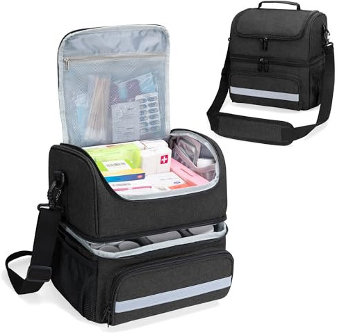 CURMIO Doppelschicht Medizinische Tasche, Tragbar Reiseapotheke Tasche, Notfalltasche für Medizinflasche, Vitamine, Medizinisches Zubehör (Leere Tasche), Schwarz