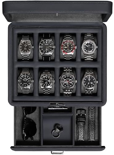 ROTHWELL Scatola per orologi di lusso per 8 orologi, in pelle sintetica con coperchio in vero vetro, cassetto scorrevole per accessori con scomparti multipli (carbone)