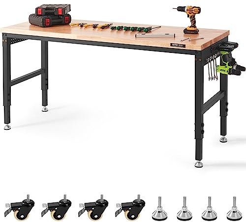 VEVOR verstellbare Werkbank-Arbeitstischplatte, Maße: 1829 x 635 mm, verstellbare Höhe: 71,1–100,3 cm, max. Belastung. 1361 kg, Tisch mit Steckdosen, Holzplatte für Büro, Zuhause, Garage