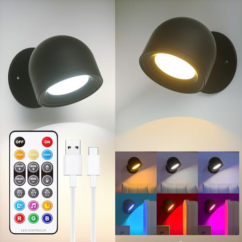 2PCS Rechargeable Battery Operated Wall Lights Indoor, RGBCW Dimmable Wireless Wall Lamp with Remote&Touch Control, Cordless Powered Wall Sconce for Bedroom Bedside Living Room Picture (Black)