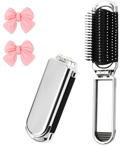Faltbare Haarbürste mit Spiegel Mini Haarkamm 2 Stück Faltbare Haarbürste Reise Haarbürste Tragbare Mini Klapp Haarkamm Kompakt Haarmassagekamm für Frauen und Mädchen (Silber)