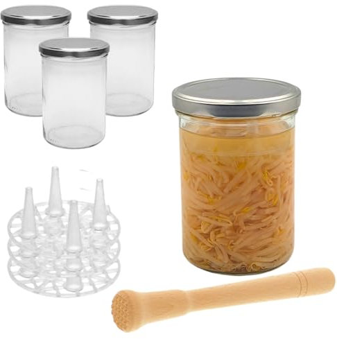 mikken Lot de 4 bocaux de fermentation de 435 ml avec couvercle sans PVC, grille de fermentation, pilon en bois et étiquettes