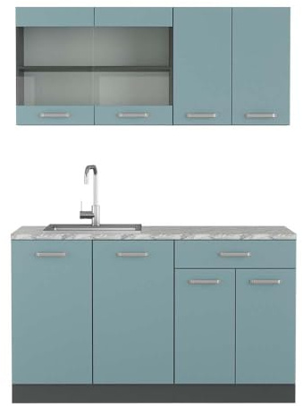 Vicco Singleküche R-Line, Blau-Grau, 140 cm, AP Marmor, zur flexiblen Erweiterung mit weiteren Modulen geeignet