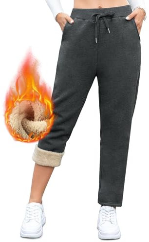 Vorvowry Fleecefodrade joggingbyxor för kvinnor, fluffiga sherpa-byxor, varma termiska träningsbyxor, vinter, tjocka träningsoverall, byxor, dragsko fickor för damer, löpning, fitness, Rakt ben