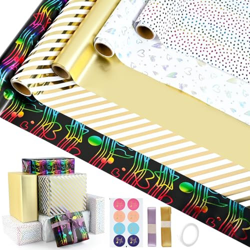 5 Rollen Geschenkpapier Set, Euakee 43cm x 300cm farbenfrohes Wrappingpapier, Geschenkpapier für Weihnachten Geburtstag Hochzeit Thanksgiving Geburtstagsgeschenk Valentinstag 3
