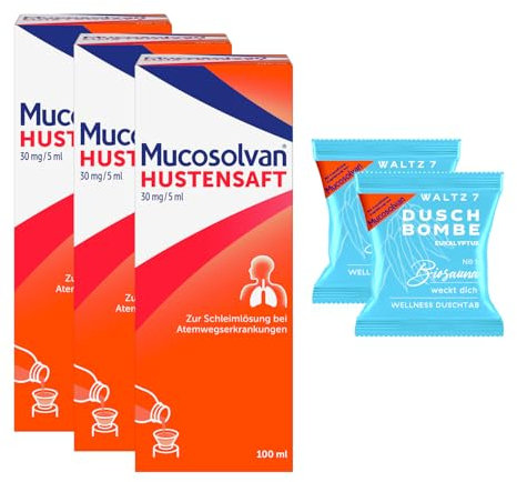 MUCOSOLVAN® Hustensaft 30 mg/5 ml, 3 x 100 ml, mit Ambroxol, Schleimlöser bei Husten, mit 2 Duschbomben