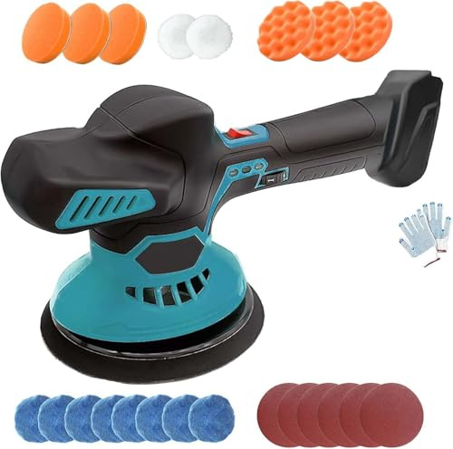 Akku Poliermaschine 145mm Exzenter Poliermaschine,für Bosch 18V GBA,6-Geschwindigkeiten, 2500-5500 RPM,24 Zubehör,zum Polieren,Schleifen, Auto KFZ Boot Akku-Puffer(Ohne Batterie)