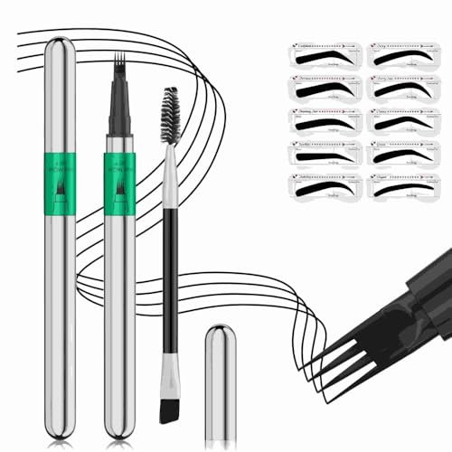 Crayon Sourcils 4 Fourches Résistant à l'Eau - Pointe Ultra-Fine & Formule Anti-Tâches/Anti-Transpiration pour Effet Sourcils Naturels (Gabarit & Brosse Pro) (Noir)