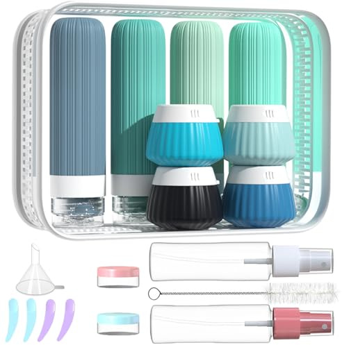 18 pièces Kit de Flacons de Voyage Rechargeables, Bouteilles de pour shampooings, lotions et Articles de Toilette, certifiés par la FDA, sans BPA avec Accessoires de Nettoyage, Multi-Couleurs