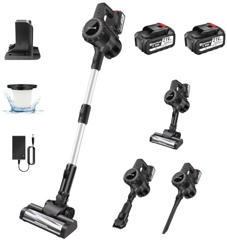 Portable Cordless Vacuum Cleaner with LED, 2x1300mAh Rechargeable Battery, Filters, 15000PA Stick Vacuum, 6-in-1 Multifunction Upright Vacuum Cleaner, Lightweight Handheld Electric Brooms, Grey