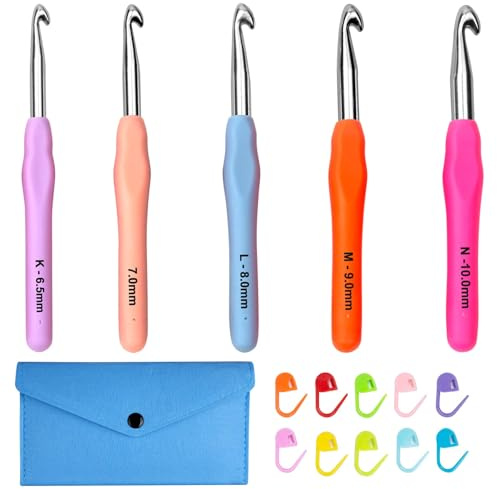 Totofy Set di uncinetti, 5 uncinetti grandi da 6,5 mm, 7,0 mm, 8,0 mm, 9,0 mm e 10,0 mm, kit per uncinetto Begier, uncinetto con manico ergonomico, custodia inclusa.