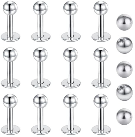 Gojewen 12pcs Piercings labio de plata 4mm Labret Studs 16G de acero inoxidable Piercing labio Stud con bolas de repuesto