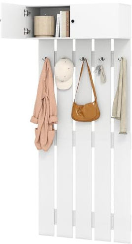 HOMASIS Recibidor Perchero de Pared, Mueble de Entrada con 5 Ganchos, Armario para Ropa con 2 Puertas, Organizador de Almacenaje para Habitación, Pasillo, 90x33x210cm (Blanco)