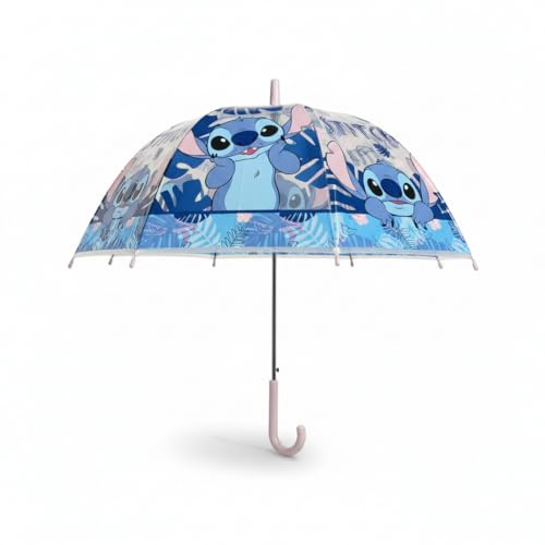 Disney Stitch Kids Dome Umbrella with Clear Panels, Safe Pinch‑Proof Slider & Hook Handle – Lightweight Children’s Rain Umbrella 66cm
