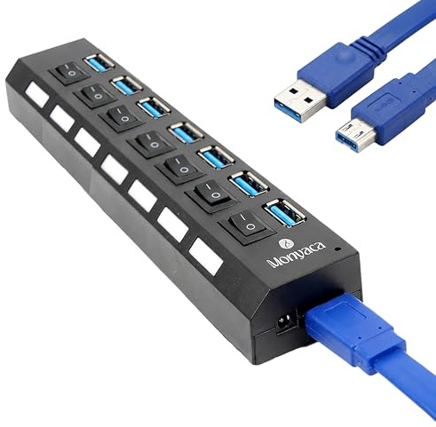 Hub USB 3.0 con 7 Porte e Interruttori Singoli, Splitter USB con Indicatori LED, Hub USB Multiplo per PC Laptop e Mac, Gestione Porte USB con Accensione ON/OFF Indipendente