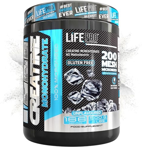 Créatine monohydrate Life Pro 200 microns, poudre de créatine d'une pureté de 99,9%, augmente l'endurance et la force, absorption rapide, performances à l'entraînement (500g, Sin sabor)