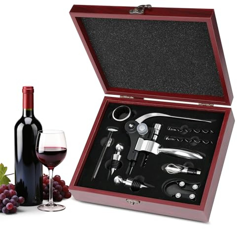HNCY Korkskruv Vin Set, Vinöppnare Korkskruv Sommelier Set med Vinflaskeöppnare, 9-deligt Deluxe Vintillbehör i Träbox, Presentset för Vinälskare Män Kvinnor (Träbox-Silver)