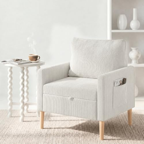 Fauteuil Individuel Multifonction en Velours Côtelé avec Rangement Et Accoudoirs, Pieds en Bois D'Hévéa pour Salon Et Chambre