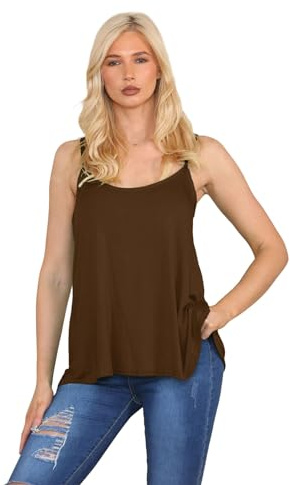 janisramone® Strappy Camisole Tops for Women, Flared Swing Scoop Neck Womens Tank Tops, Plain Sleeveless Stretchy Summer Vests, Ideal Casual and Party Wear Brown