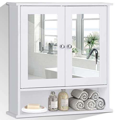 COSTWAY Spiegelschrank Badezimmer, Badschrank mit Spiegel, Badezimmerschrank mit höhenverstellbarer Ablage, Badezimmerspiegel, Hängeschrank Badmöbel, Badezimmerspiegelschrank 58,5x56,5x13,5cm (Weiß)