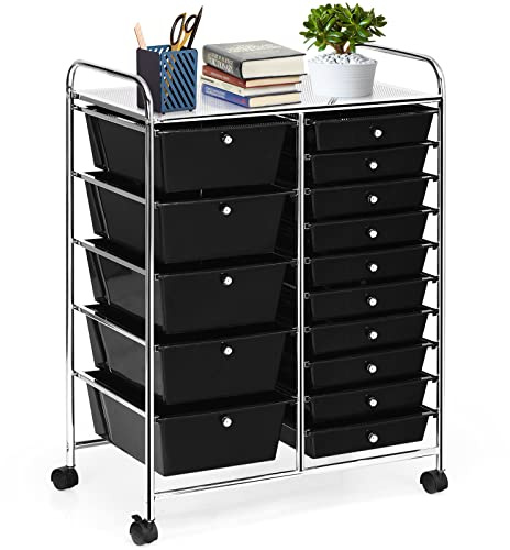 HOMGX Storage Cart with 15 Drawers, 15 Drawer Organizer Trolley, 15 Tiers Storage Trolley, File and Debris Storage Cart, Rolling Drawer Cart for Office and School (Black)