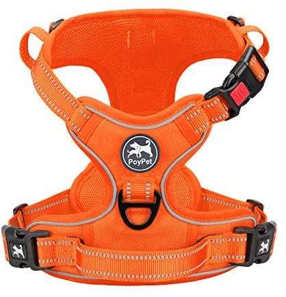 PoyPet Arnés para perro sin tirones, arnés reflectante para perros sin estrangulamiento, chaleco acolchado ajustable con mango de control fácil para perros pequeños a grandes (Naranja, L)