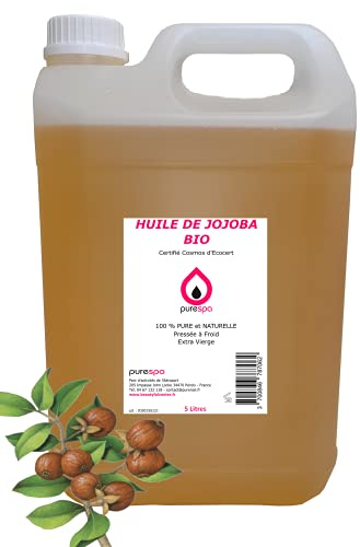 Purespa | HUILE DE JOJOBA BIO | 5 Litres | 100% Pure | Naturelle | Pressée à froid | Extra Vierge | Certifié Cosmos d’Ecocert | Visage | Corps | Cheveux | Barbe | Ongles | Jojoba Oil