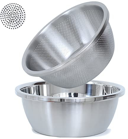 304 Stainless Steel Microporous Colander,2QT Large Capacity with Mixing Bowl For washing vegetables, fruit and rice and for draining cooked pasta(2PC)
