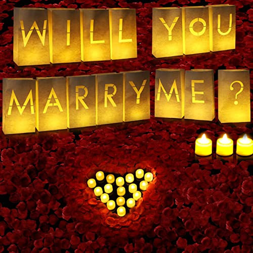 Lanties 2230 Pcs Wedding Proposal Decorations Will You Marry Me Lighted Letters Sign Red Artificial Rose Petal Luminary Paper Bags Flameless LED Candle Tealight for Romantic Night Valentine's Day