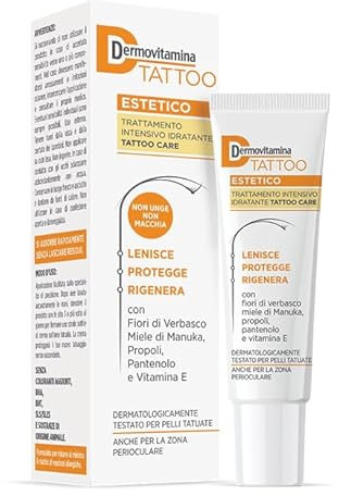 Tattoo Estetico - Crema tattoo idratante - Preserva la bellezza del tatuaggio e del trucco semipermanente- Fiori di verbasco, miele di manuka, propoli, pantenolo, vitamina E -15 ml - Dermovitamina