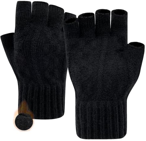 lifwimner Gants d'Hiver Demi-Doigts Mitaines Tricotées sans Doigts Gants Extensibles Chauds pour Hommes Unisexes Gloves(Noir)