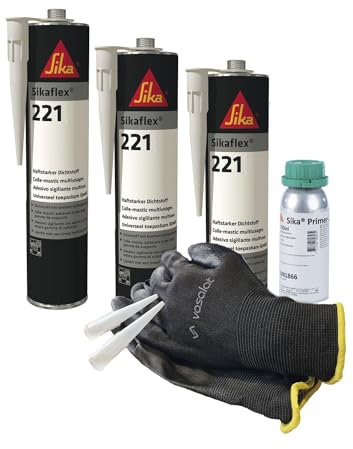 Sikaflex 221 weiß 3x 300ml Kleb- und Dichtstoff mit Primer 209D - ideal zur Abdichtung von Kunststoff mit 5 Düsenspitzen