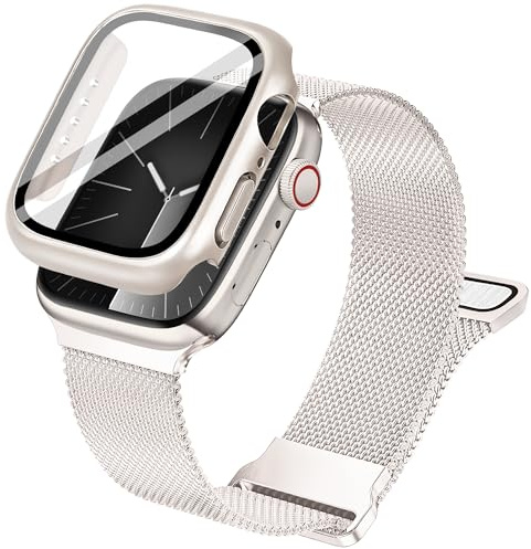 Ocaer Kompatibel mit Apple Watch Armband mit Gehäuse 40mm 41mm 42mm 44mm 45mm 46mm, Metall Magnetisch iWatch Armband für Apple Watch SE Series 11 10 9 8 7 6 5 4, Edelstahl Mesh Loop,Polarstern, 44mm