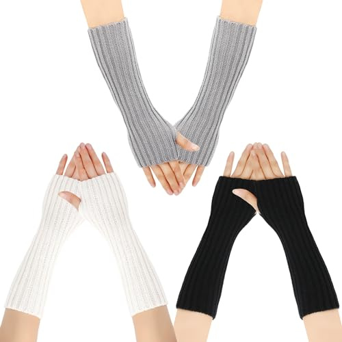NyxSeat 3 par mode och varma fingerlösa handskar, stickade och varma damhandskar, fingerlösa benvärmare, långa svarta benvärmare, vita, grå