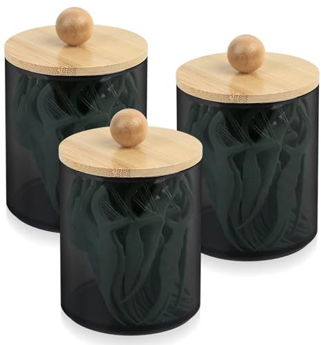 3 Stück Wattestäbchen Behälter, Wattepadspender, Wattepads Aufbewahrung Spender Halter, Wattepads Behälter mit Deckel, schwarze Apothekergläser für Kosmetik Badezimmer Organizer Schminktisch Zubehör