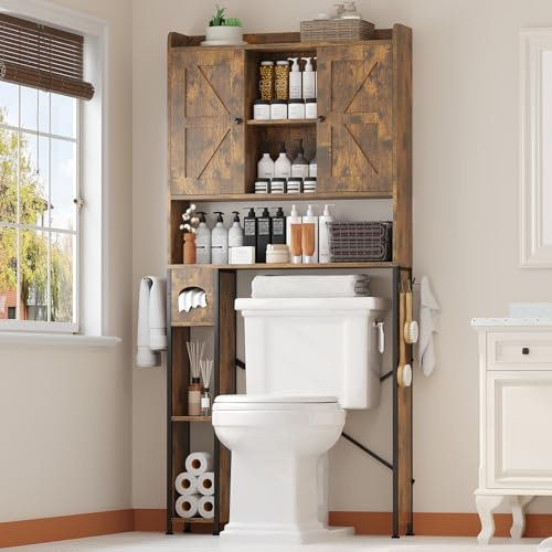 EasyCom 32 W Over The Toilet Storage Cabinet with Adjustable Shelves,Brown | Metal Frame, 9 Storage Shelves, Adjustable Shelves and Paper Holder, Farmhouse Storage Cabinet for Bathroom, Laundry