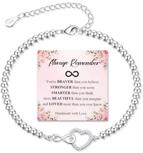 BMMYE Silver Bracelet for Women,925 Infinity Bracelet with Cubic Zirconia Hypoallergenic Adjustable Heart Sterling Silver Plated Bracelets,Sterling Silvery Beaded Bracelets with Cards for Women