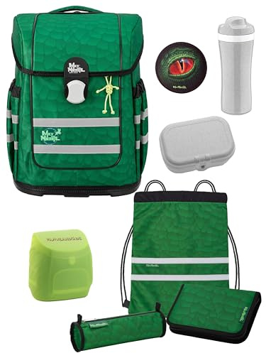 Familando Dinosaurier Schulranzen Set für Jungen 1.-4. Klasse, McNeill Ergo Complete Schultasche, Ergonomisch, Leicht 1.150 Gramm, Geräumig 20 L Volumen, Nachhaltig (8-teilig mit Lunch-Set)
