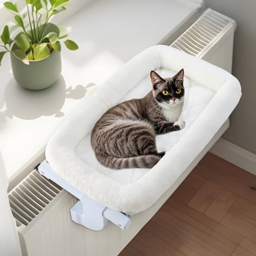 GUUSII HOME Kattfönstersäng Radiatorhängmatta Kattungesittpinne Justerbar Ingen borrning inomhuskatter Sladdlös Hängande Kattfönsterbädd Fäst vid sängkanten Maskintvättbar Håll upp till 18 kg (Vit, L)