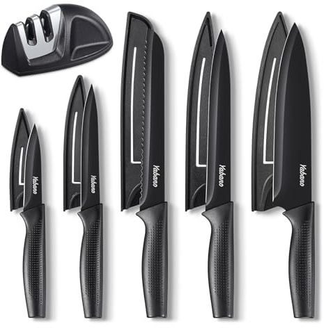 Yabano Set de Couteaux de Cuisine 5 Pièces avec Revêtement Anti-Rouille, Lave-Vaisselle Compatible, Couteaux de Chef en Acier Inoxydable avec 5 Étuis de Lame et Aiguiseur, Cadeau Parfait pour la Cuisi